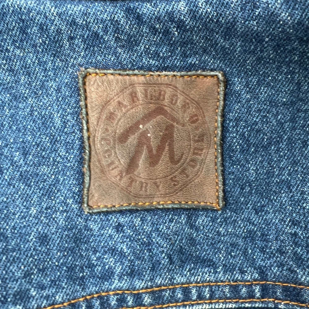 Marlboro Jacket L Vintage 90s Denim Trucker Leather Collar Flannel Lined Blue - Picture 12 of 13